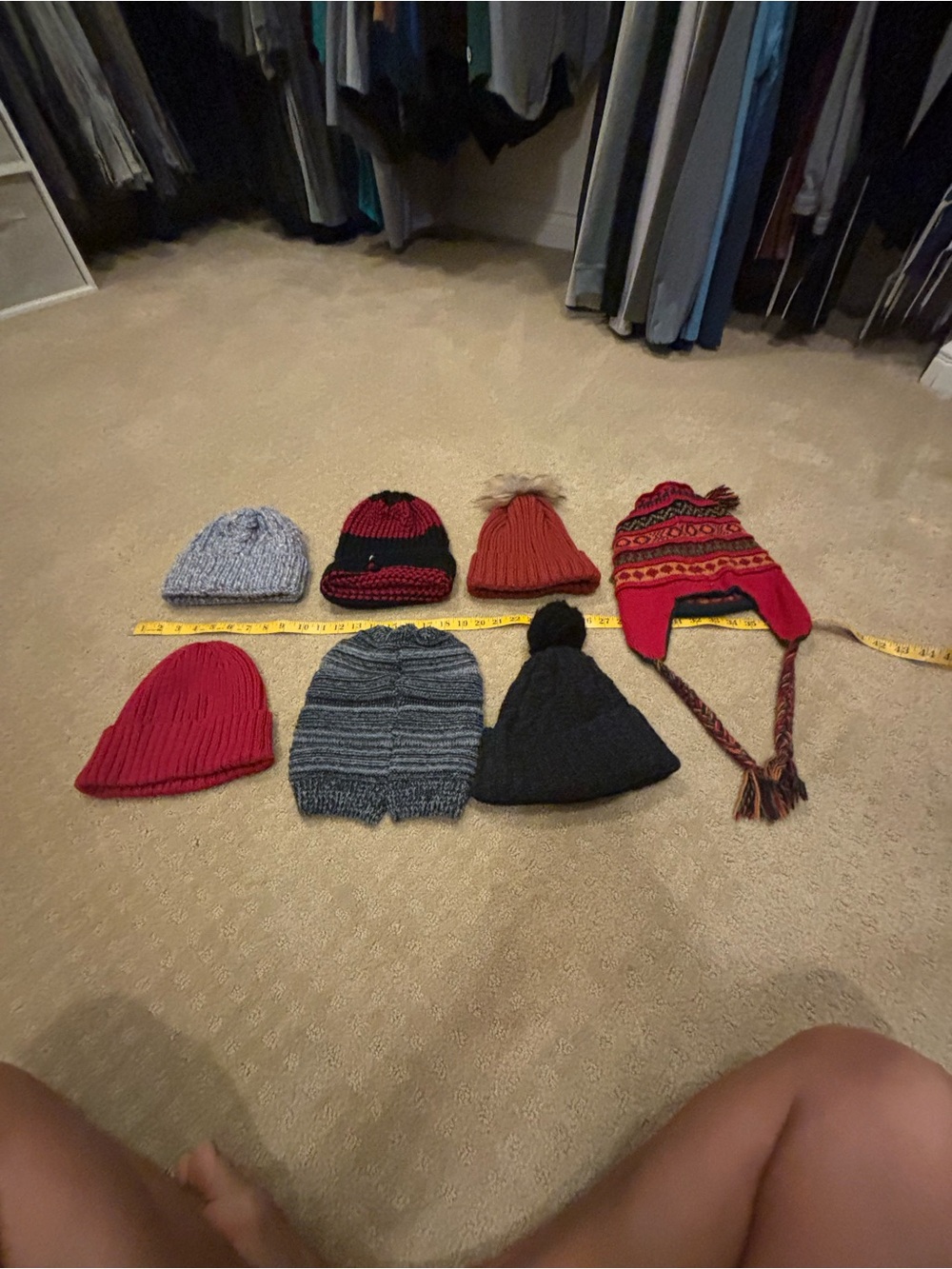 Lot of 7 Knit Beanies and Earflap Hat - Red, Gray, Black, Orange
